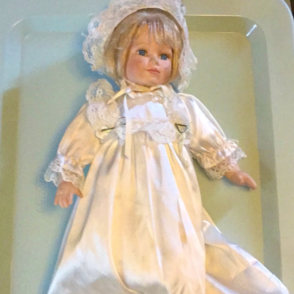 Glass doll from the mid 90s, blonde and white outfit